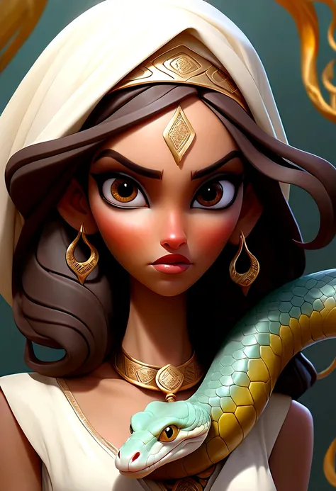 Arabian woman with a snake around her neck and a fan, portrait of a scorpion goddess, Liliana Vess, Snake Woman Hybrid, a stunning portrait of a goddess, goddess. Extremely high detail, Artgerm Julie Bell Beeple, goddess close-up portrait, Artgerm details,...