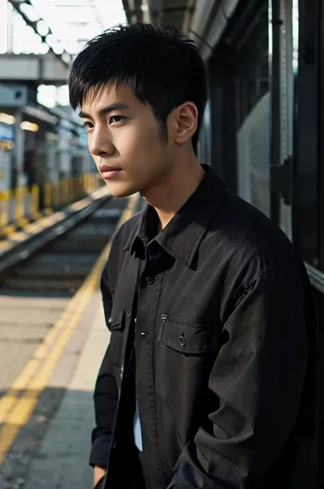 young asian man looking at camera In a black button-down shirt , By the train, sunlight 