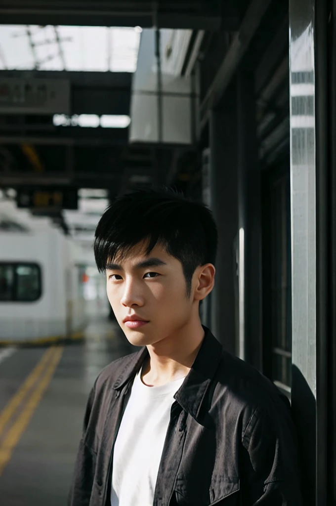 young asian man looking at camera In a black button-down shirt , By the train, sunlight 