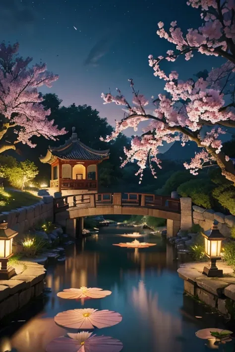 A beautiful detailed peach blossom garden in ancient China, lush peach trees in full bloom, intricate stone bridges, serene ponds with lotus flowers, exquisite traditional Chinese architecture, ancient scholars strolling through the garden, no light, at ni...