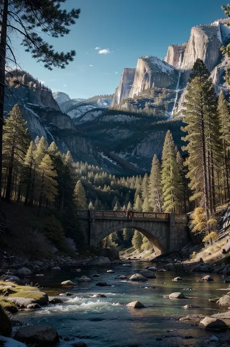 a scenic landscape of yosemite national park, a dramatic tunnel view, snow-capped mountains, lush green forest, rushing river, sunlight streaming through the trees, breathtaking vista, dramatic lighting, cinematic composition, serene and awe-inspiring, (be...