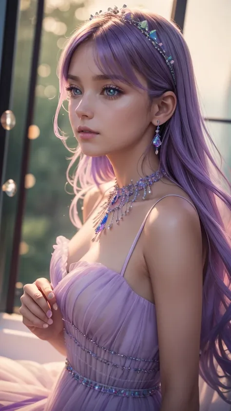 Raw photo, 8k uhd, dslr, soft lighting, high quality, film grain, Fujifilm XT3, close up low angle shot beautiful faceted transparent lavender color crystal dress which a girl wears with crystals looking out of the dress, cinematic photo, 18mm f/11 photogr...