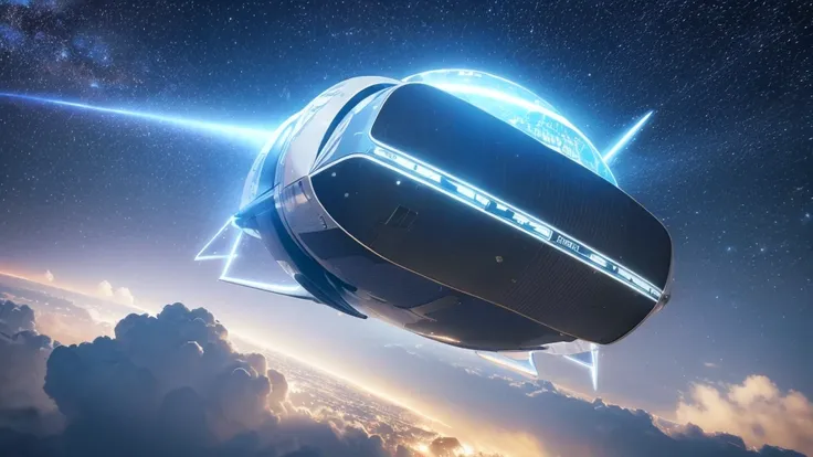 A colossal spaceship flying in the sky (Futuristic)3 kilometers, with a silver fuselage shining against a background with the starry universe in 3D format with vivid colors