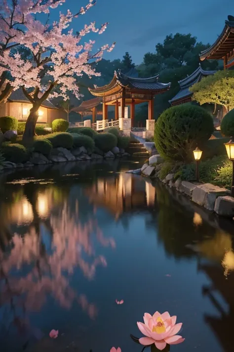 A beautiful detailed peach blossom garden in ancient China, lush peach trees in full bloom, intricate stone bridges, serene ponds with lotus flowers, exquisite traditional Chinese architecture, ancient scholars strolling through the garden, moon light, at ...