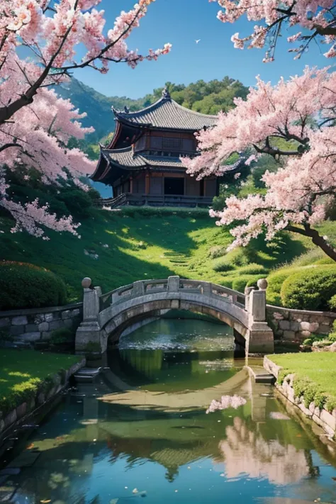 A beautiful detailed peach blossom garden in ancient China, lush peach trees in full bloom, intricate stone bridges, serene ponds with lotus flowers, exquisite traditional Chinese architecture, ancient scholars strolling through the garden, moon light, at ...