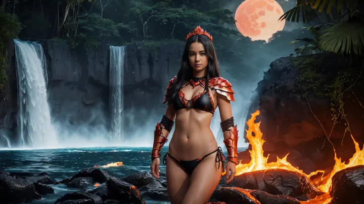 In a (lush jungle:1.3) setting, in the middle of the misty veil formed by (majestic waterfalls:1.3), a sublime warrior, French girl, standin in the water, her gaze piercing directly into the camera lens. The (dark night sky:1.3) above is lit by a (fiery re...