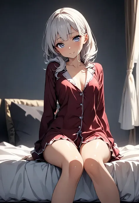 (high quality, 8K, 4K, High contrast, masterpiece:1.2, 最high quality, Best aesthetics), 1 female, (Real skin texture:1.3), (Film Grain:1.3),  A girl, Beautiful and detailed eyes and face, 最high quality, Frontal shot:1.4,Sitting on the bed，Wearing burgundy ...