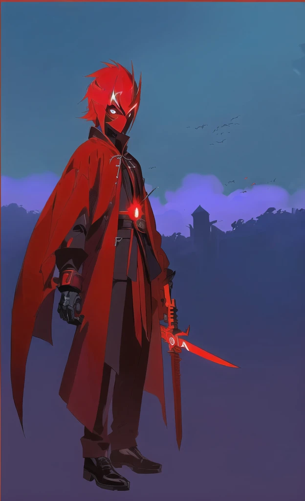 cartoon of a man in a red and black outfit with a blade, emitting evil red aura, red demon cloak, villain wearing a red oni mask, red hooded assassin, crimson attire, assassin