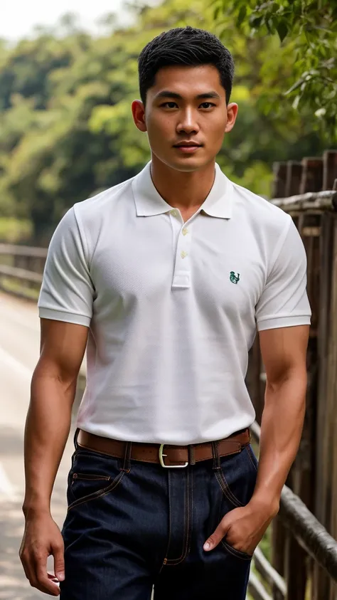 Thai man ,man，He is about 30 years old..，Rough and handsome appearance，large breastsj，Big waistline，buzz cut, angry, sullen, best quality, Masterpiece，（Have muscles：4.5），(best quality,high resolution,Masterpiece:1.2),The eyes are natural and delicate..,1 p...