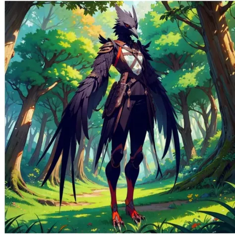 prospect(anthropomorphic crow、wearing ancient adventurer gear、the arms and hands are integrated with the bird&#39;s wings, and t...