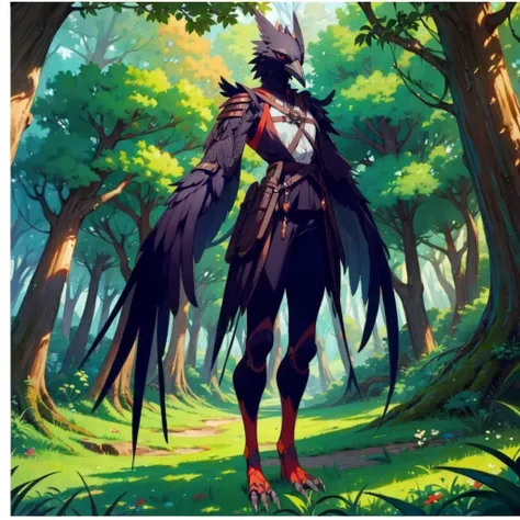 prospect(anthropomorphic crow、wearing ancient adventurer gear、the arms and hands are integrated with the bird&#39;s wings, and t...