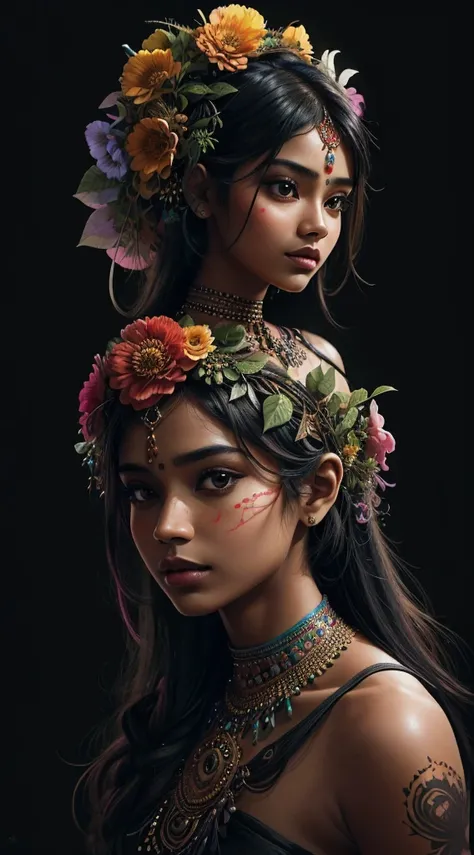 The image shows a breathtaking and stunningly beautiful East Indian girl, whose body is fused with flowers and foliage, Color Vibrant, in the style of a high resolution pen and ink drawing, isographic portrait, hard edges, high qualiy, minimalist art, blac...