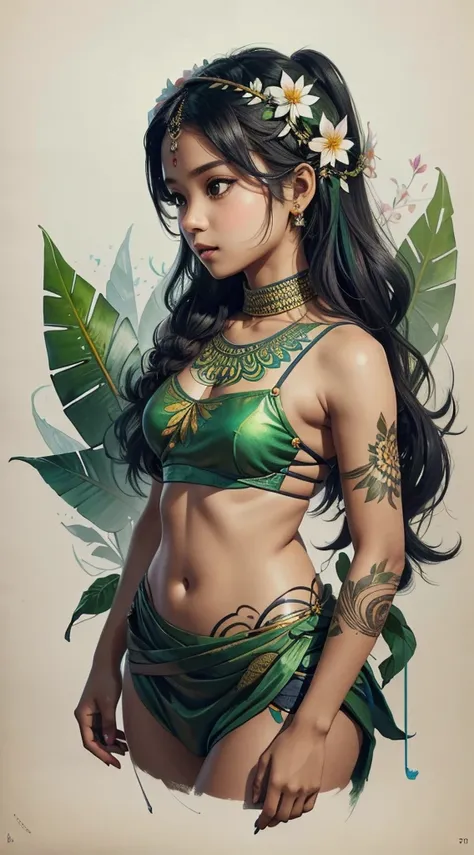 This photo shows、It combines the body of a beautiful East Indian girl with flowers and leaves.。, shiny colors, High resolution pen and ink sketches, isometric projection, hard edge, high qualiy, minimalist art, ultra-high resolution, 4K, 8K