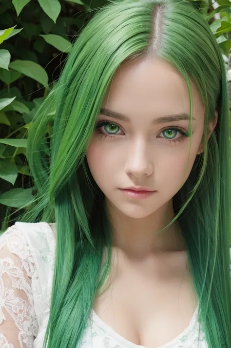 A girl with green eyes and green hair