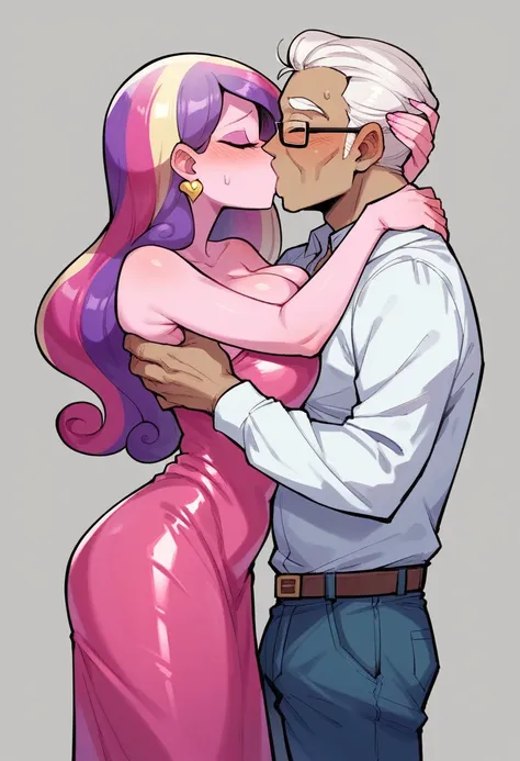 my little pony equestria girls princess cadence , HUGE titties , pink latex dress , kissing an old man