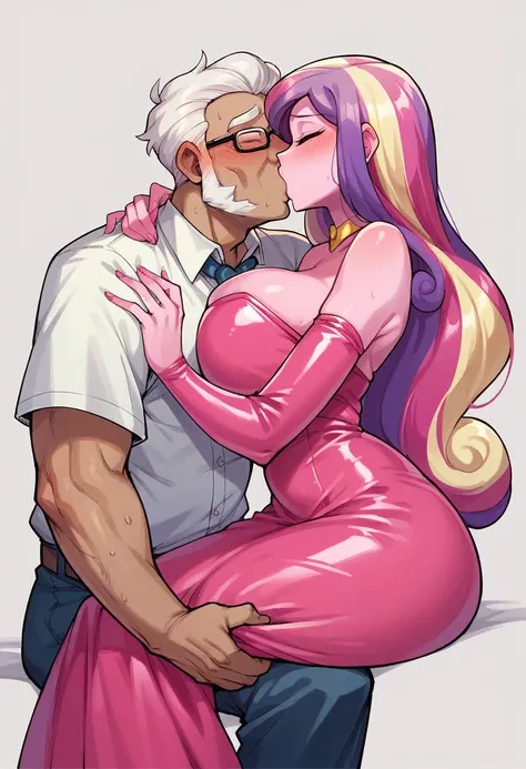 my little pony equestria girls princess cadence , HUGE titties , pink latex dress , kissing an old man