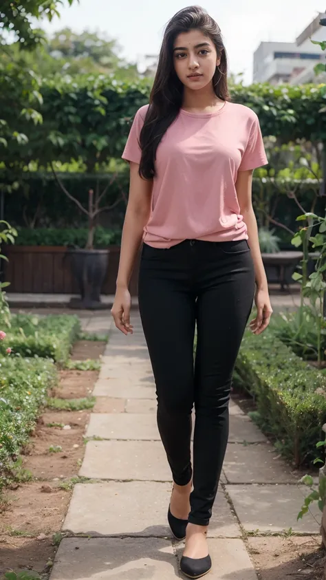 21 yo women Ananya Pandey wearing Pink tshirt  black jeggings body fit clothes garden full body action poses  perfect anatomy realistic realism ultra detailed eye ultra detailed face 8k