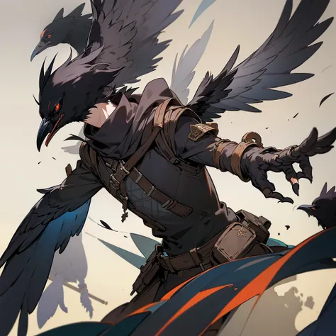 prospect(Anthropomorphic crow、Wearing ancient adventurer gear、The arms and hands are integrated with the bird&#39;s wings, and there are no bird wings on the back. Only the arms and hands have bird wings.、The feet are claws)、With background (Dense forest)