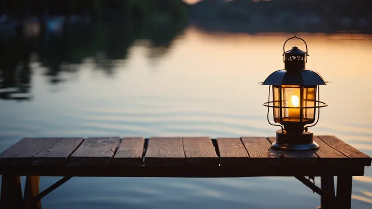 There is a lantern on the table by the lake, Sit on the wooden dock, A boat with lights, Sit on the wooden dock, Peaceful evening atmosphere, Small marina, bokeh on side of the river, Summer environment, Summer lake view, Relaxed atmosphere, warm light, La...