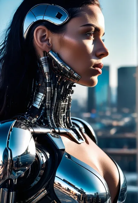 black hair, Surrealism, 8k, masterpiece, masterpiece, ccurate, award winning, UHD, On the rooftop of a skyscraper, a male cyborg and a female cyborg engage in a sexual relationship. They are both depicted in stunning detail, with intricate details highligh...