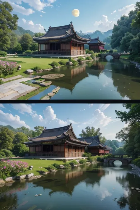 A beautiful detailed peach blossom garden in ancient China, lush peach trees in full bloom, intricate stone bridges, serene ponds with lotus flowers, exquisite traditional Chinese architecture, ancient scholars strolling through the garden, moon light, Moo...