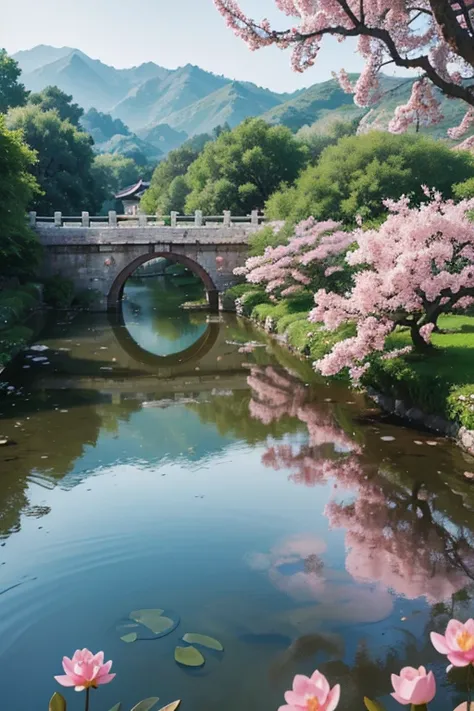 A beautiful detailed peach blossom garden in ancient China, lush peach trees in full bloom, intricate stone bridges, serene ponds with lotus flowers, exquisite traditional Chinese architecture, ancient scholars strolling through the garden, moon light, Moo...