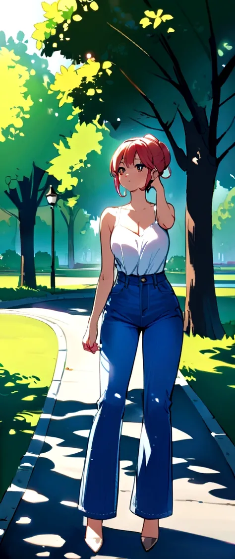 Sexy Woman、White tank top、long denim pants、In the park in the morning