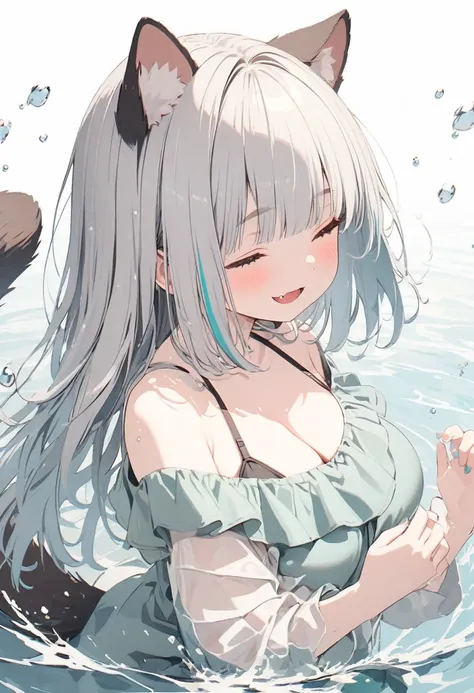 (best quarity,ultra detailed,ultra-high-resolution, absolutely resolution,8k, masterpiece),anime,(pale colors:1.8),long shot, 1girl, solo, cat mouth, hands up, (shoulder-deep in water:1.3), smile, closed eyes, opened mouth, fang, blue hair, bobcut, straigh...