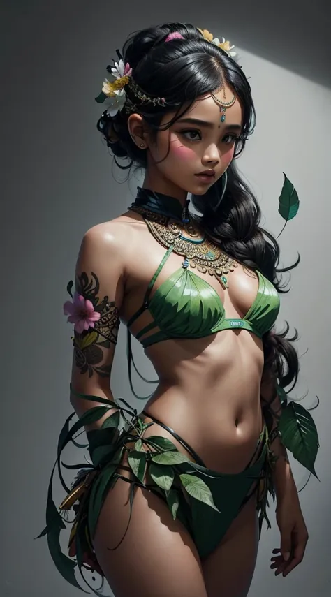 This photo shows、It combines the body of a beautiful East Indian girl with flowers and leaves.。, shiny colors, High resolution pen and ink sketches, isometric projection, hard edge, black backdrop, high qualiy, minimalist art, ultra-high resolution, 4K, 8K