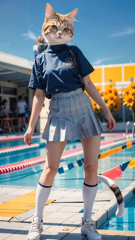 (Highest quality, masterpiece:1.2),pressure, Pleated skirt, 1 High school girl, Main cat, Depth of written boundary, High resolution, 超High resolution, 8K, Very detailed, Realistic, Sun light, blue sky, At the school pool, Summer clothes for high school gi...