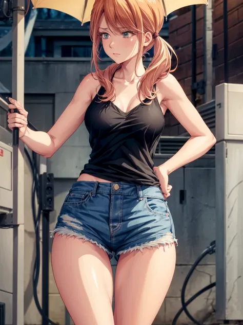 Girl, short tight shorts, Shirt unbuttoned, Bare breasts, chest visible, street  background, openlegs, Narrow passage between houses, night, rain, slim body, slim ass, Sneakers, In full growth 