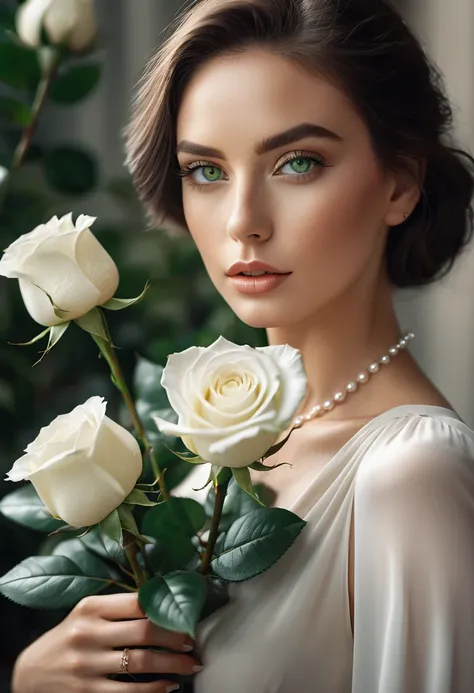 a woman with green eyes, flawless skin, half body shot, holding a white rose, whimsical photography style, captured with an Arriflex 35BL camera using Canon K25 prime lenses, cinematic, dramatic lighting, ultra clear, breathtaking surreal masterpiece.
