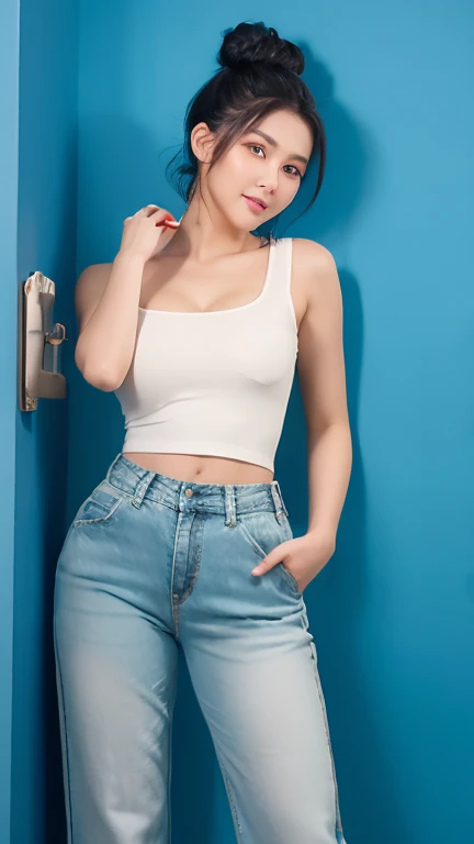 a woman at 20 years age wearing white top and blue denim long pants pose elegantly in studio, hand in pocket. vibrant color with ultra realistic skins, black long bun hair. 