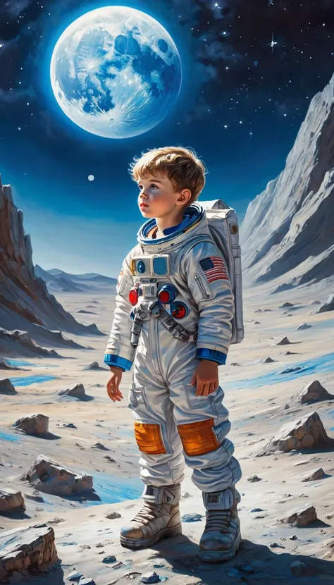 A stunning illustration of Artem, the young boy, standing on the moons surface with a breathtaking backdrop of the Earth in the sky, its blues and whites gleaming with an otherworldly intensity, rendered in vibrant digital painting medium with meticulous t...