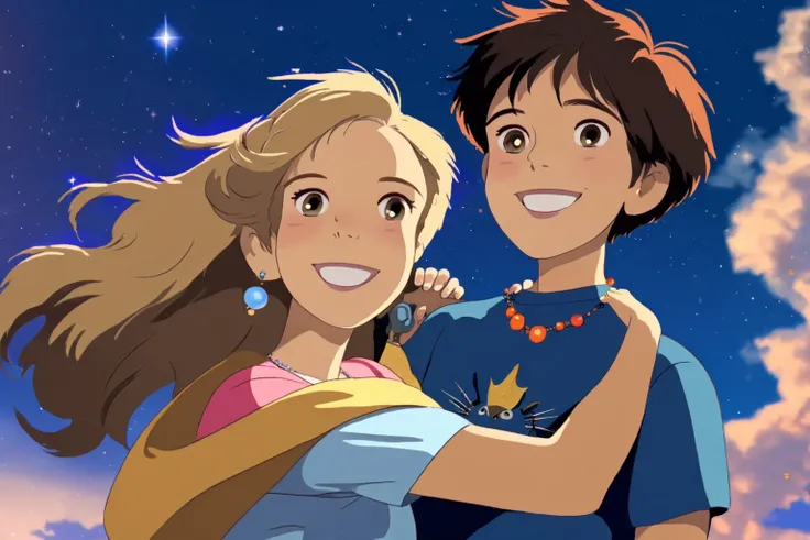 anime couple hugging in the sky with stars in the background