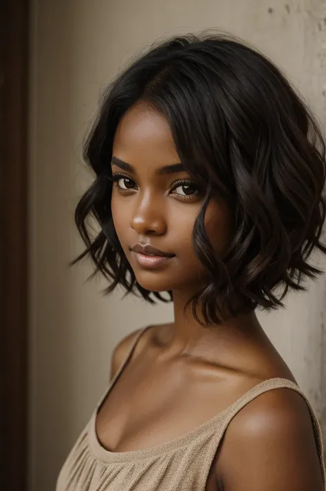 Portrait of a girl with brown eyes, dark wavy short hair and dark skin