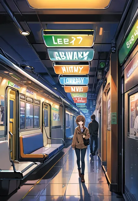 Manga cover style, detailed. best quality, art,  the style of Lora Marvin. a subway at night
