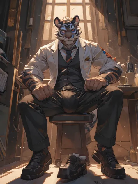 {{bara extremely handsome white tiger,}} {{white fur,}} white, wearing elegant ornate suit jacket, trousers, white dress shirt and necktie, white fluffy furry body and limbs, loafers, very tall, very broad shoulders, narrow waist, muscular arms, massive pe...