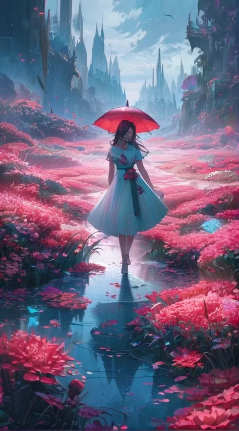 there is a woman walking through a field of flowers with a red umbrella, lost in a dreamy fairy landscape, dreamlike digital painting, beautiful art uhd 4 k, 8k stunning artwork, beautiful digital artwork, jessica rossier fantasy art, inspired by Cyril Rol...