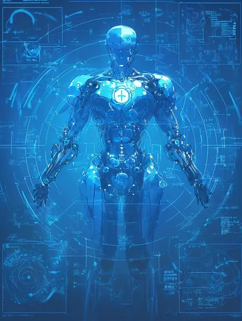 Blue human body on a blue background, Wireframe diagram by Alex Gray, Tumor formation, Digital Medical Devices, Human Symmetry Anatomy, Human anatomy research Strange species Mark Garden equipment mark Unnecessary clothing mark Unnecessary weapon mark Face...