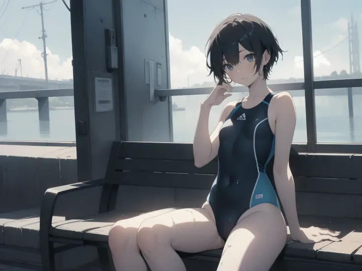 ultra-Top-quality by art God, ultra-detailed, high resolution, shinkai makoto style, anime moe artstyle, best anime 8k konachan wallpaper, pixiv contest winner, perfect anatomy, break,(Please draw a picture of a girl in a swimsuit sitting on a bench by the...