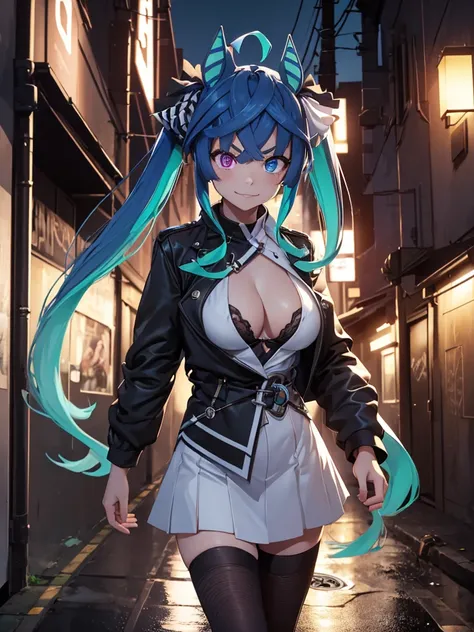 (Masterpiece, best quality, high res、highly detailed cg: 1), In a dimly lit back alley of an imaginary city, a streetwalker is standing confidently. She has flung open a long coat, revealing seductive lingerie or a provocative outfit underneath. The alley ...