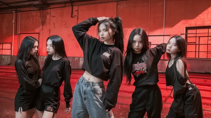 4 girls from a girl group inside an abandoned warehouse posing together with a dominate pose. Dark edgy clothes and hairstyles. Red light peaks throuth the windows