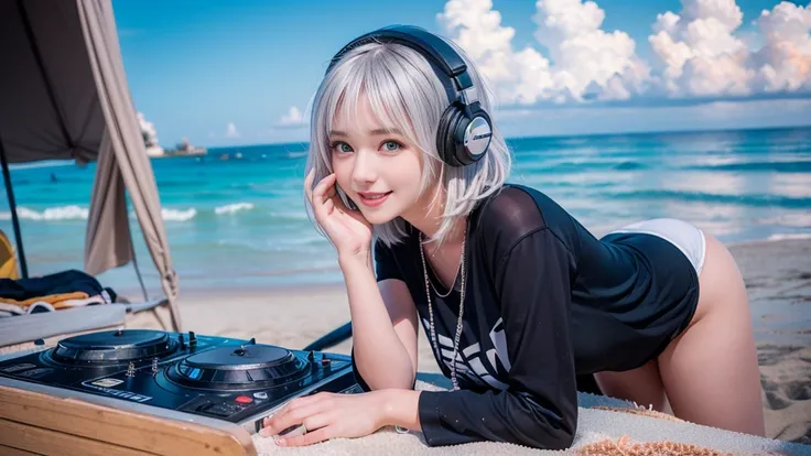 (ultra - detailed, 16K resolution, Cinema lenses, rendering by octane), (high resolution:1.18), intricate detail, (masterpiece:1.1), (highest quality:1.1), (1girl, portrait, white hair, blue eyes, short hair, detailed eyes),Wearing silver DJ headphones, Sh...