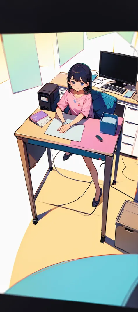 A 6 year old girl sitting in on office working in her computer 