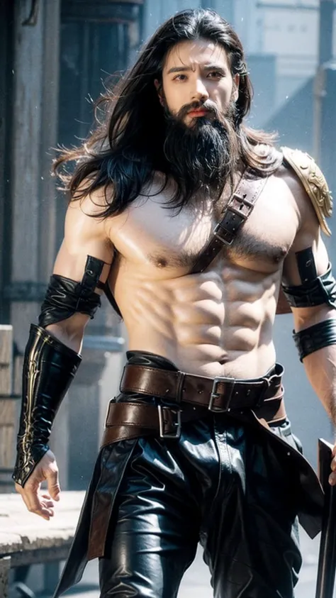 masterpiece, high quality, best quality, beautiful, HD, Practical, Perfect lighting, Delicate face, Detailed body, 1 man, Solitary, Black Hair, Green Eyes, long black beard, brown and worn leather clothing Gladiator style: 1.4), Leather Breastplate, 1 wood...