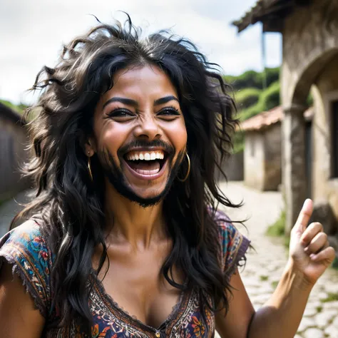 Portuguese woman with a huge shaggy beard, black hair, black eyes, mixed skin, laughing