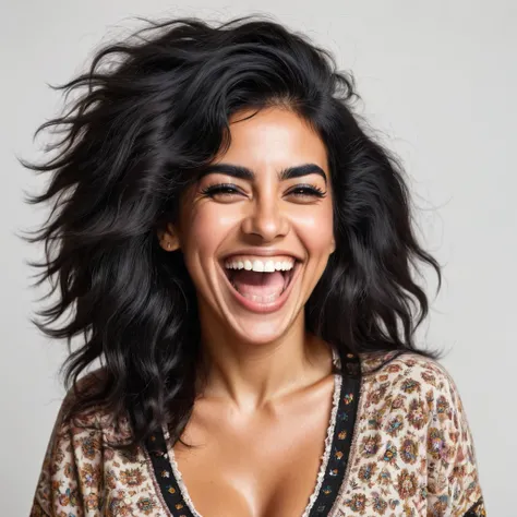 Portuguese woman with a huge shaggy beard, black hair, black eyes, mixed skin, laughing