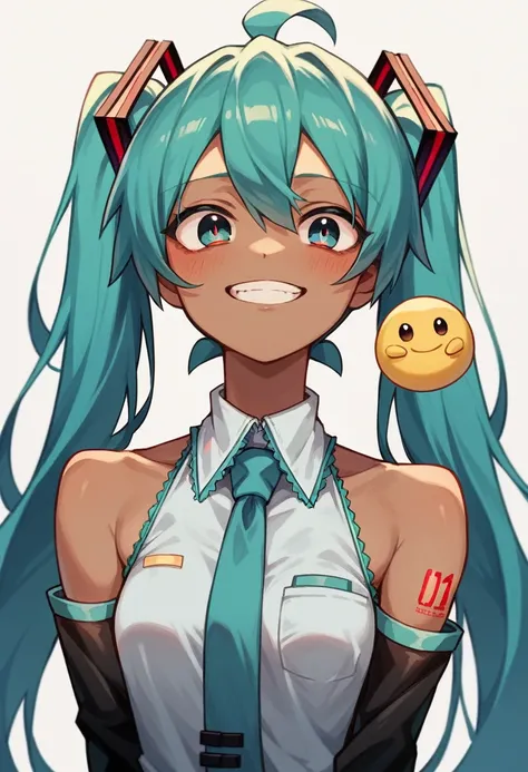 Masterpiece, Hatsune Miku, white shirt, blue tie, bare shoulders, separated sleeves, evil smiley face, dark skin, red eyes, black eyes, pupil orange,