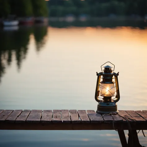 There is a lantern on the table by the lake, Sit on the wooden dock, A boat with lights, Sit on the wooden dock, Peaceful evening atmosphere, Small marina, bokeh on side of the river, Summer environment, Summer lake view, Relaxed atmosphere, warm light, La...